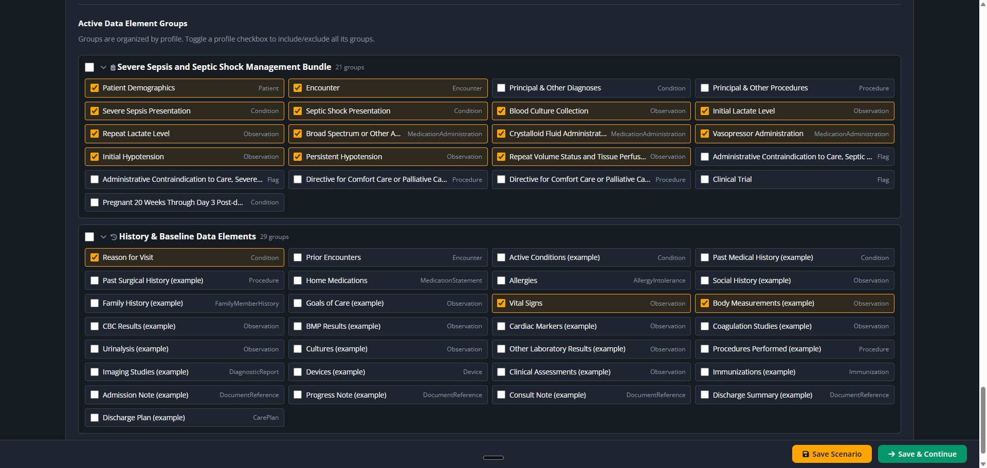 Select Core Data Element Groups screenshot